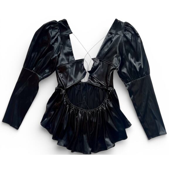 NWT Allina Liu Black Satin Womens Freya Peplum Top Blouse - Size Large - Picture 5 of 9